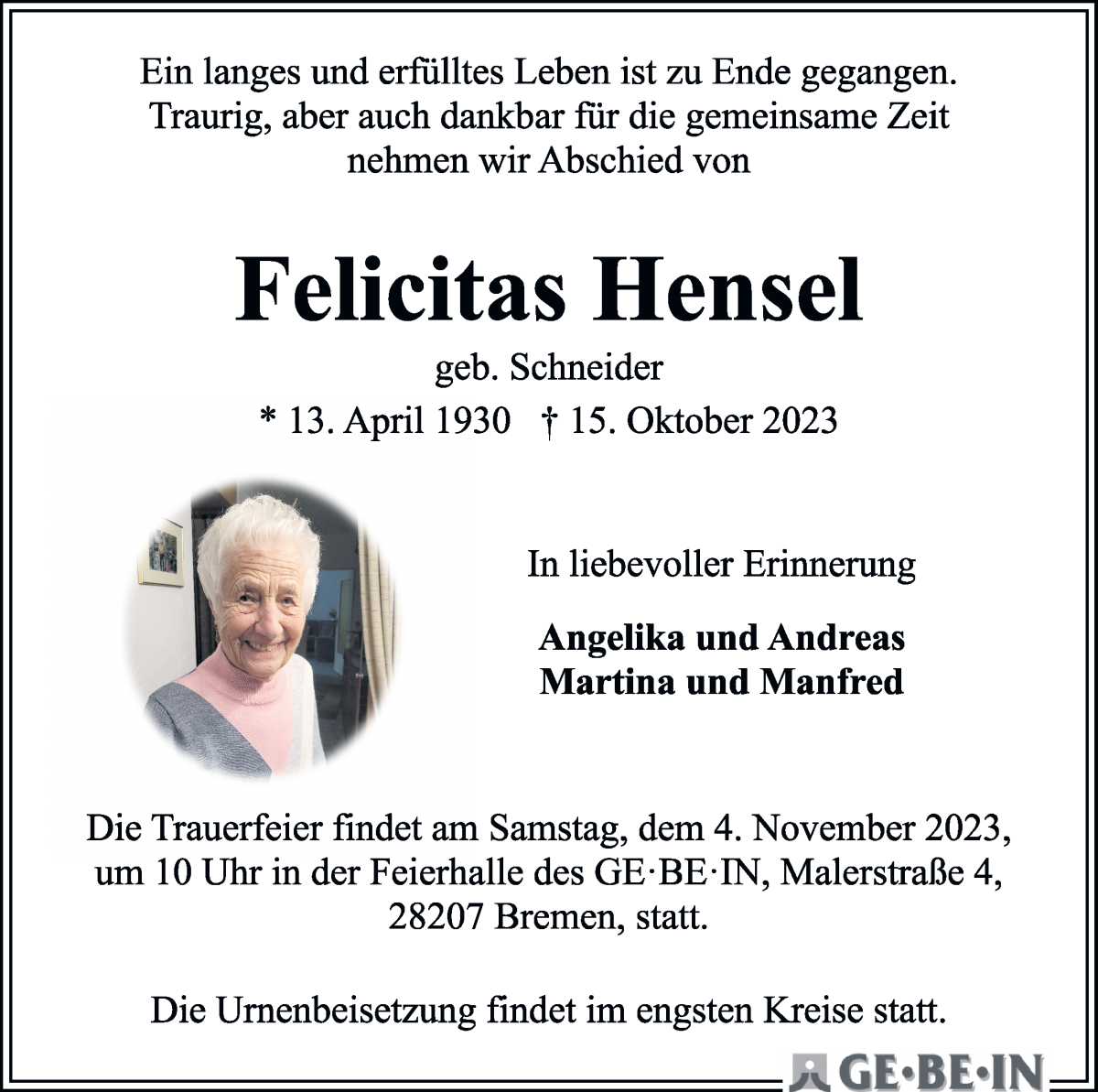 Traueranzeige von Felicitas Hensel von WESER-KURIER
