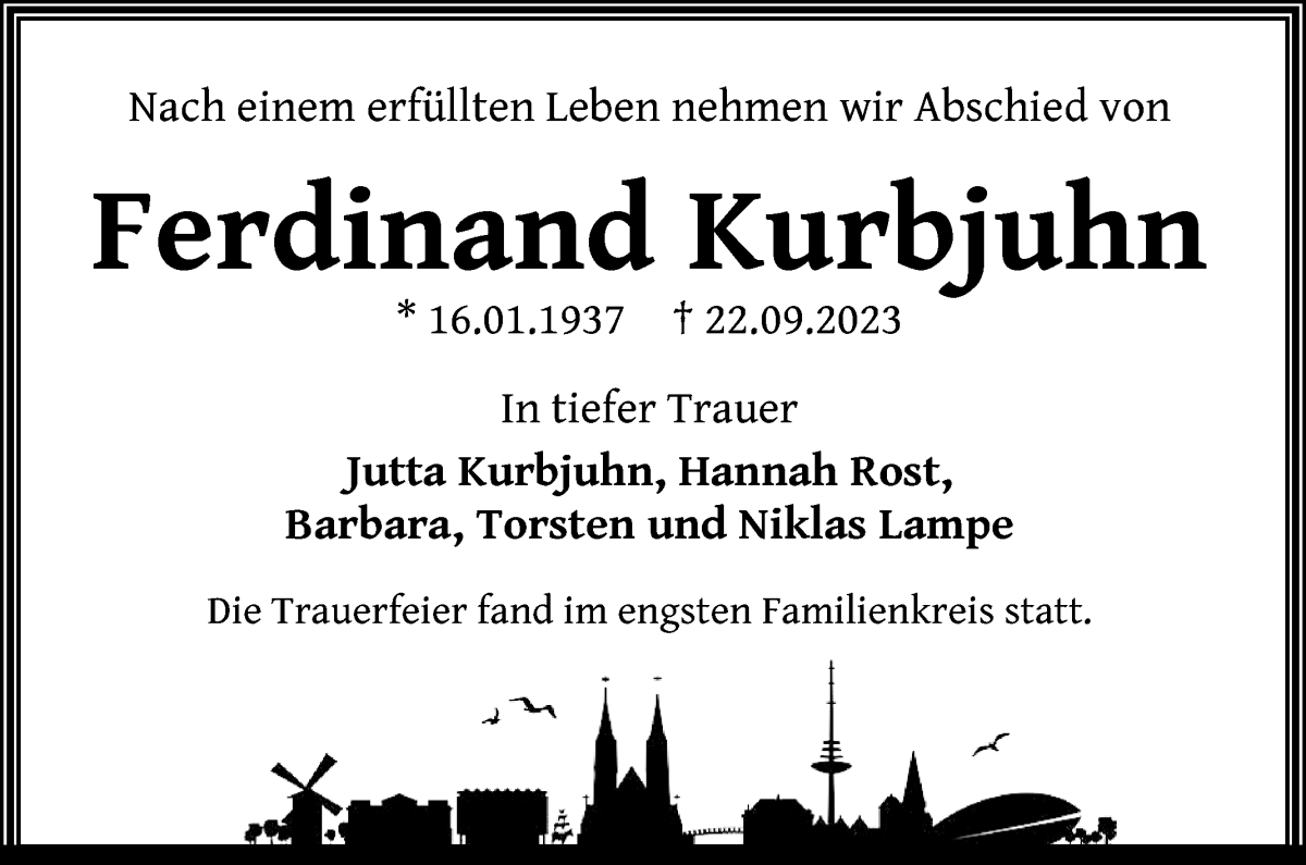 Traueranzeige von Ferdinand Kurbjuhn von WESER-KURIER