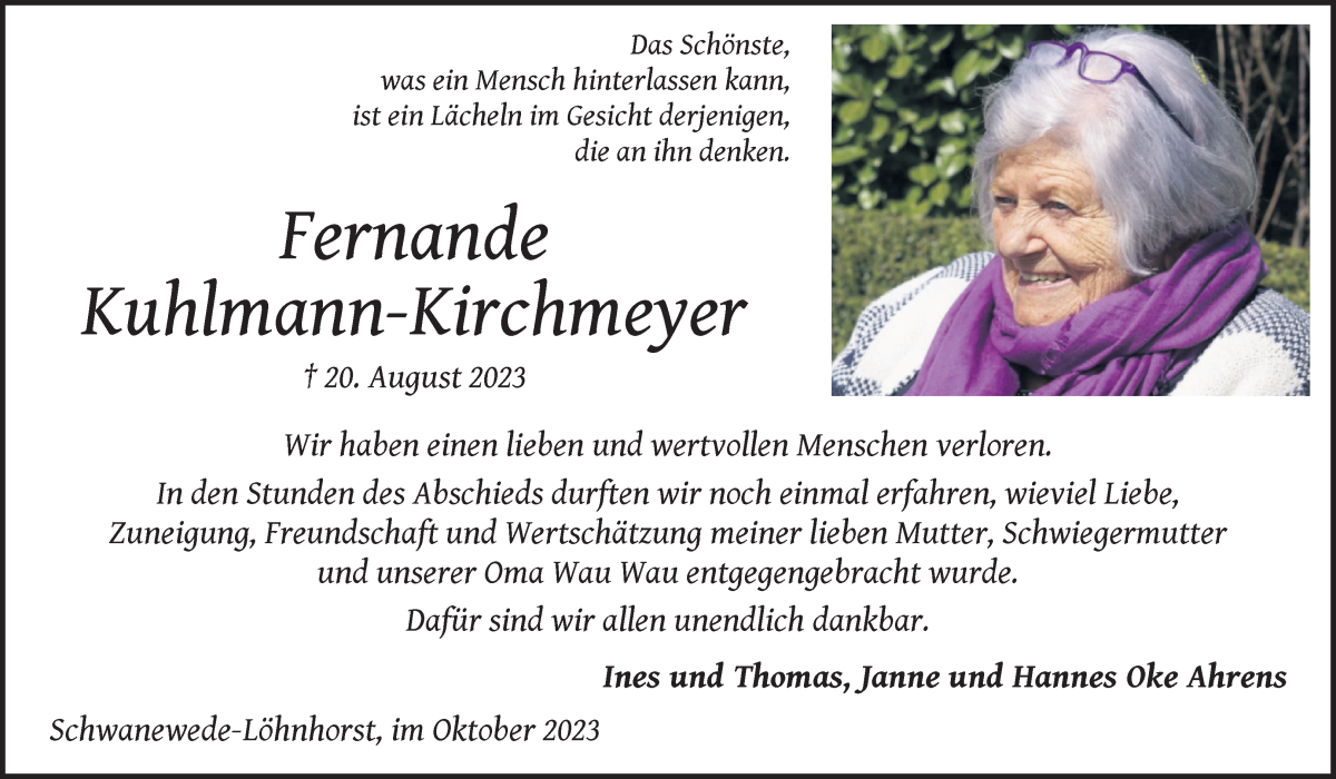 Traueranzeige von Fernande Kuhlmann-Kirchmeyer von Die Norddeutsche
