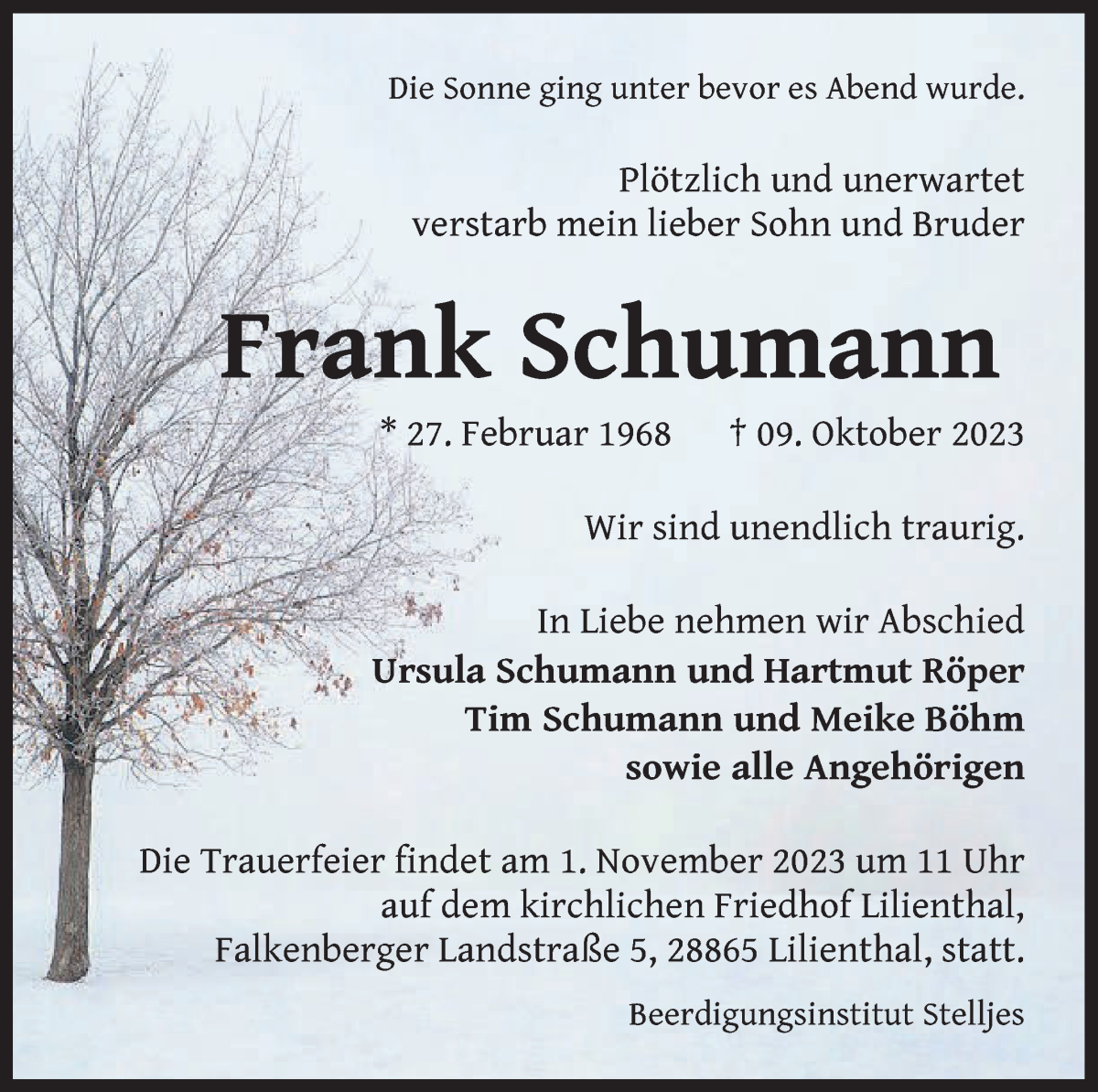 Traueranzeige von Frank Schumann von Wuemme Zeitung
