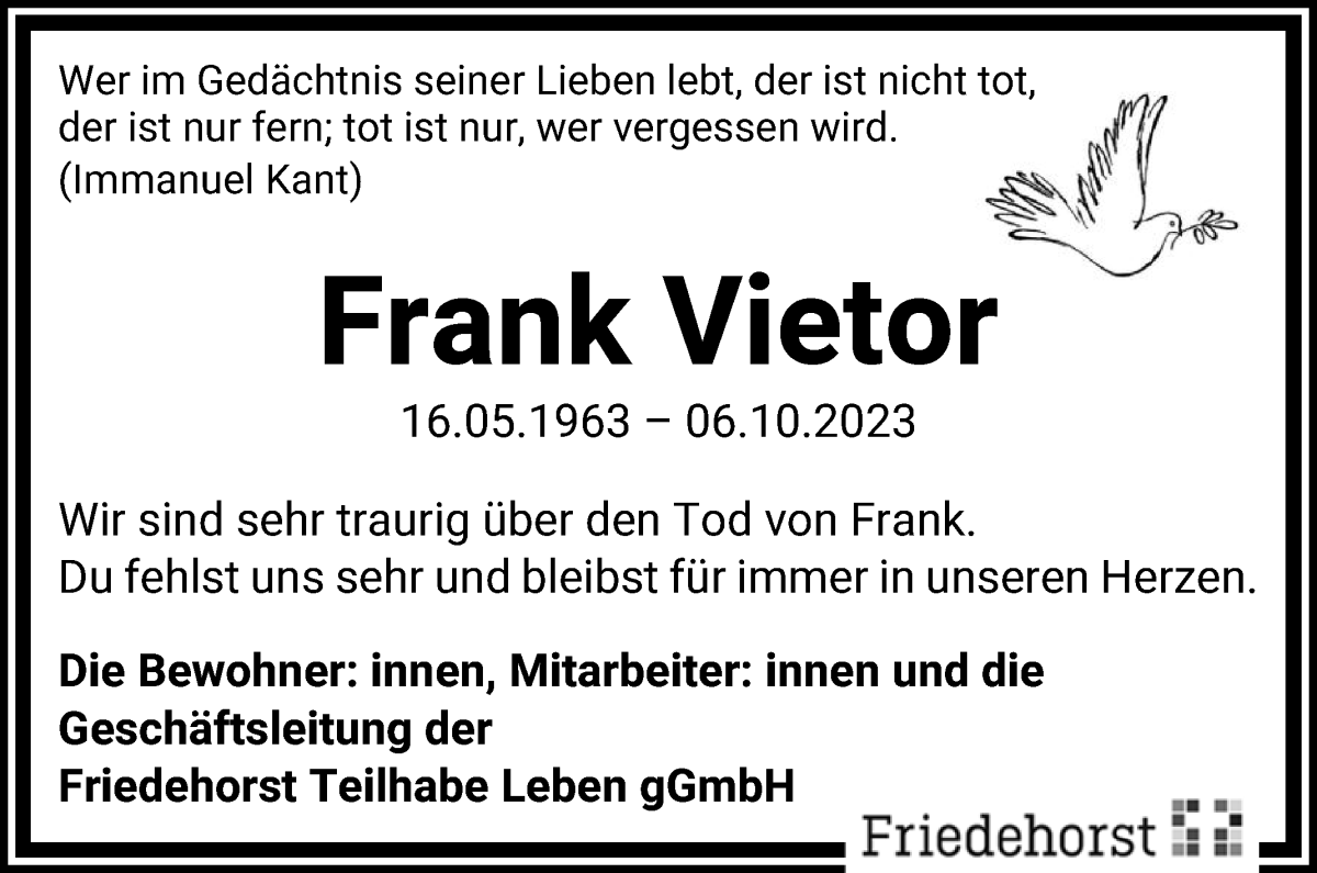 Traueranzeige von Frank Vietor von WESER-KURIER
