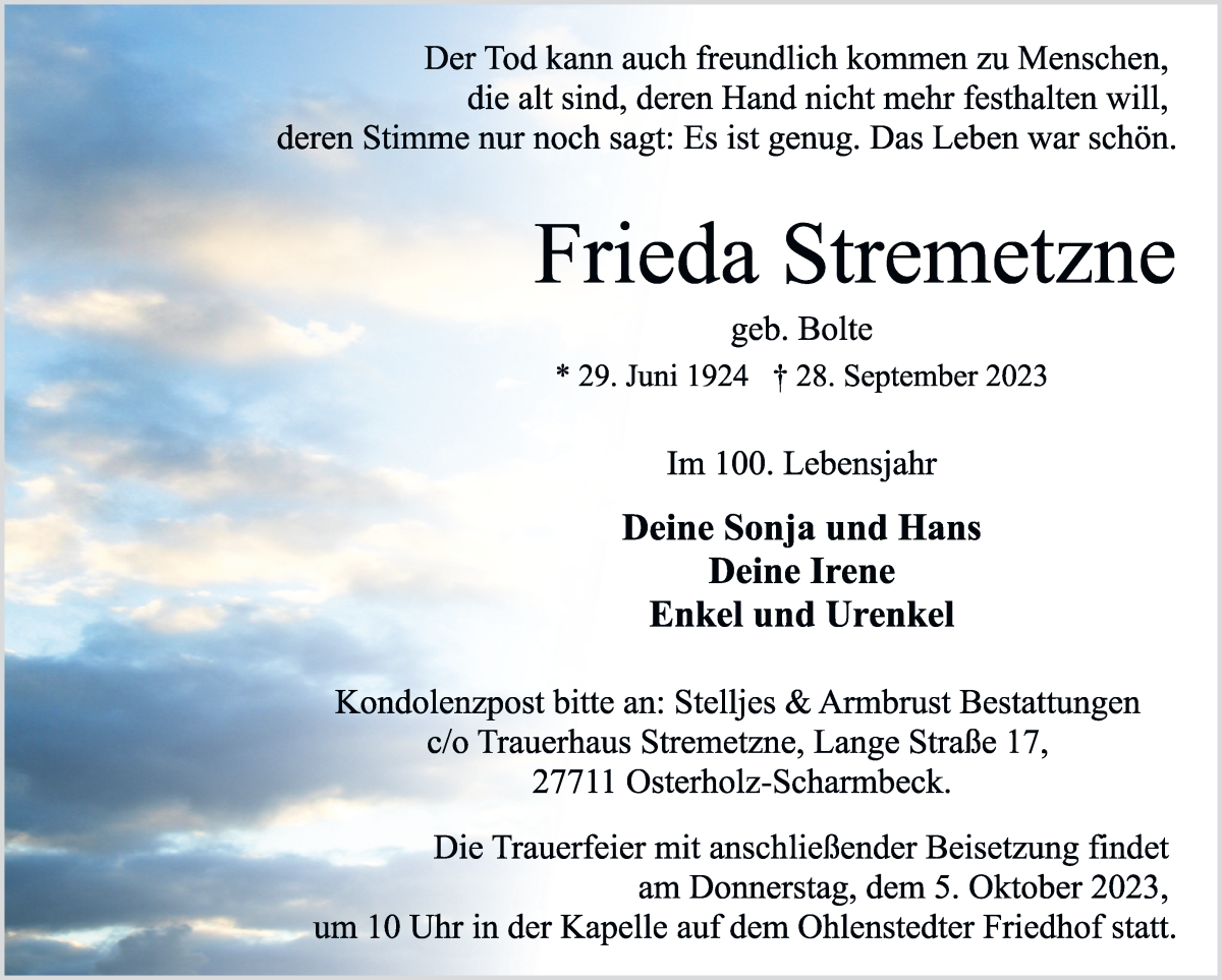 Traueranzeige von Frieda Stremetzne von Osterholzer Kreisblatt