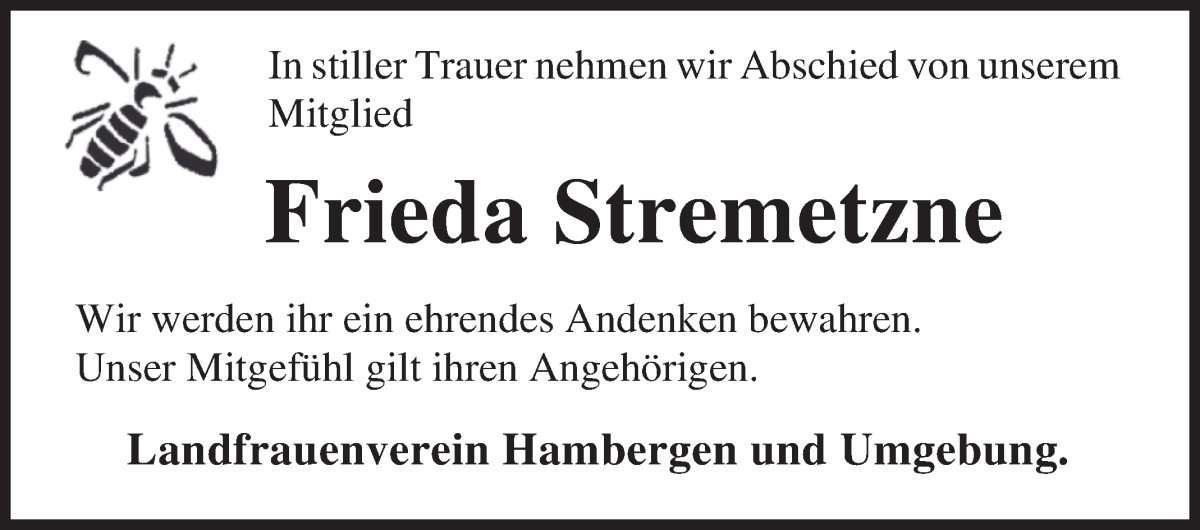 Traueranzeige von Frieda Stremetzne von Osterholzer Kreisblatt