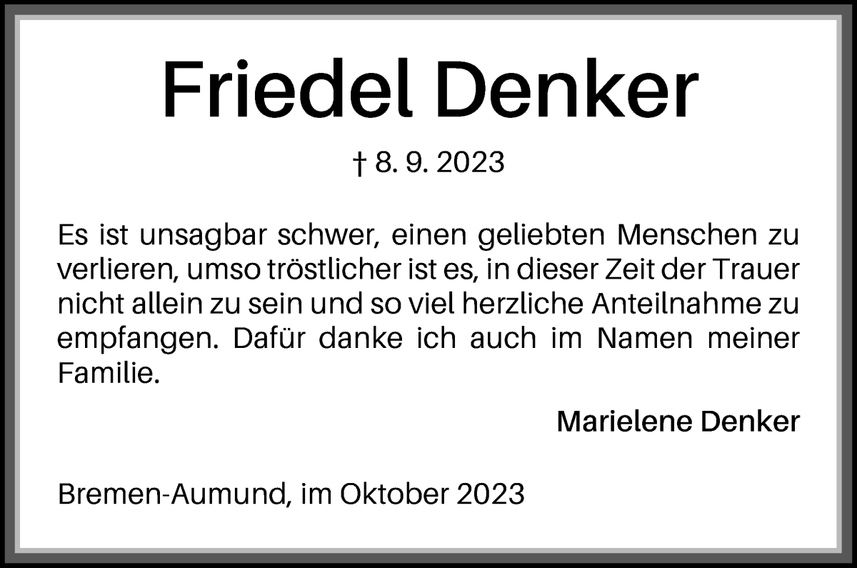 Traueranzeige von Friedel Denker von Die Norddeutsche