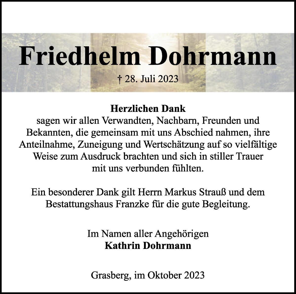 Traueranzeige von Friedhelm Dohrmann von Wuemme Zeitung