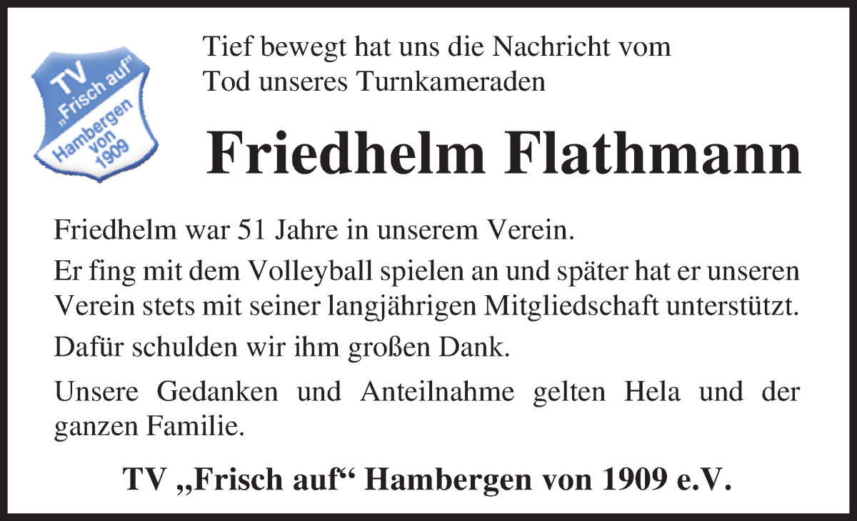 Traueranzeige von Friedhelm Flathmann von Osterholzer Kreisblatt