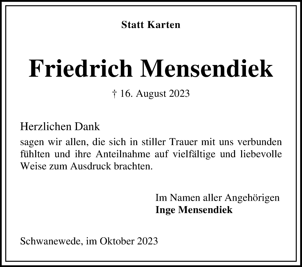 Traueranzeige von Friedrich Mensendiek von Die Norddeutsche