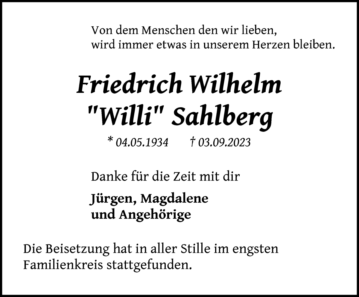 Traueranzeige von Friedrich Wilhelm Willi Sahlberg von WESER-KURIER