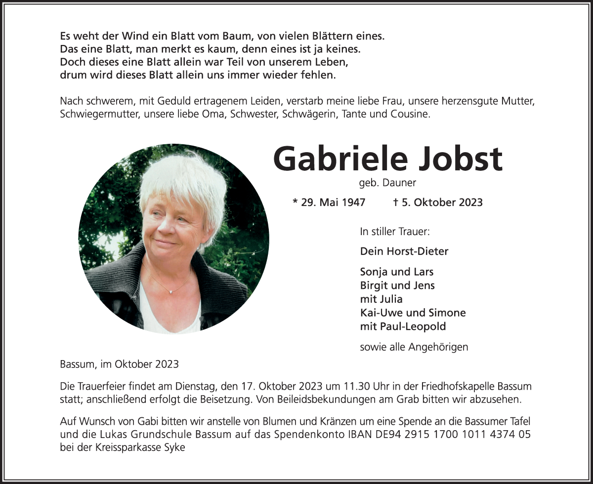 Traueranzeige von Gabriele Jobst von WESER-KURIER