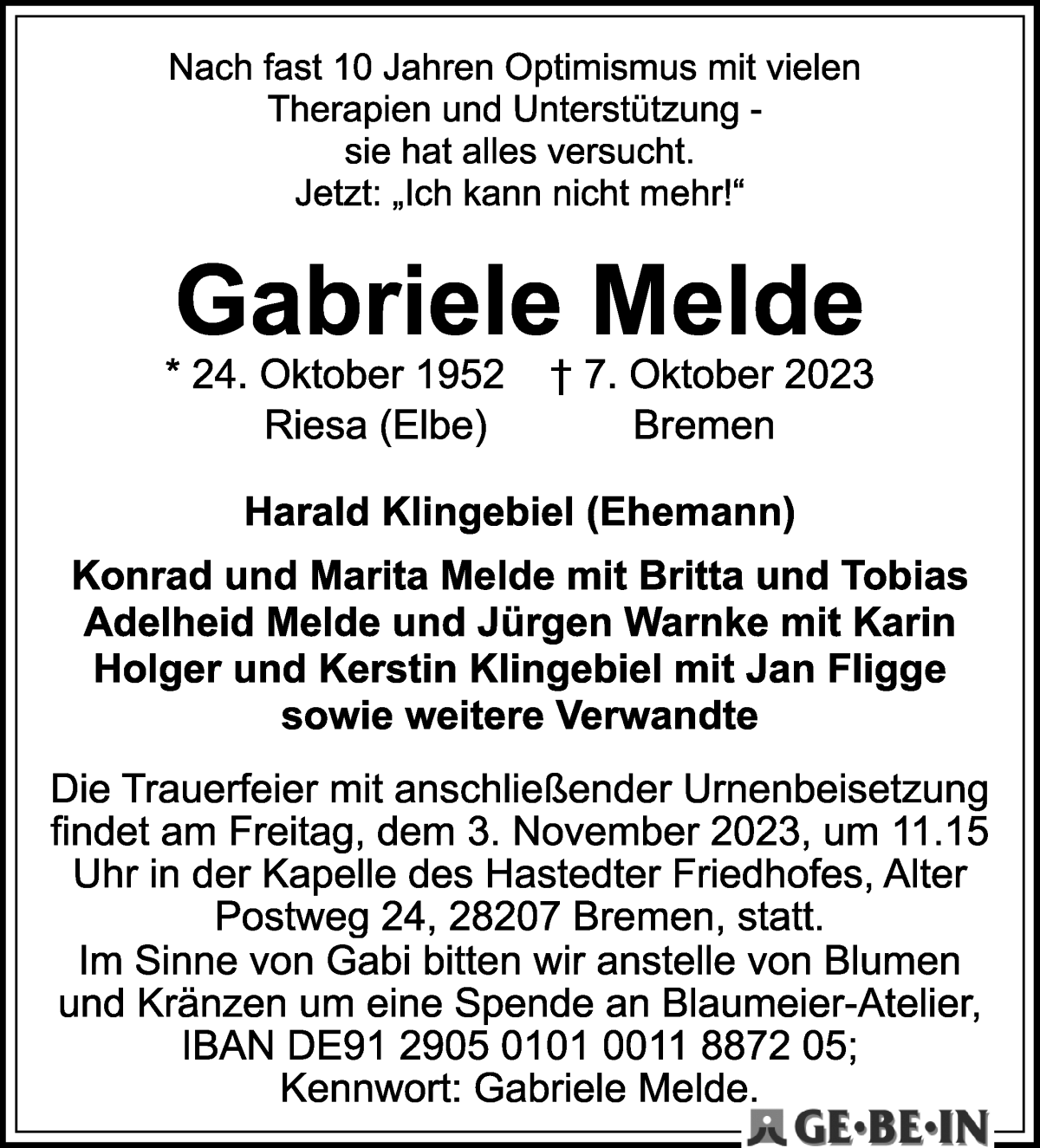 Traueranzeige von Gabriele Melde von WESER-KURIER