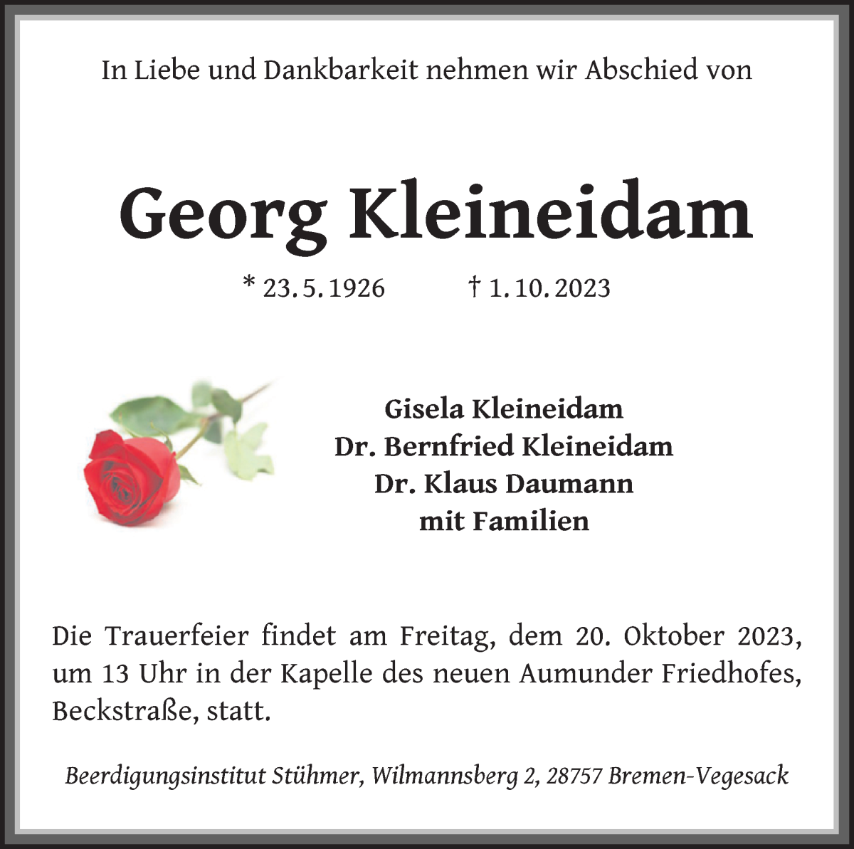 Traueranzeige von Georg Kleineidam von Die Norddeutsche
