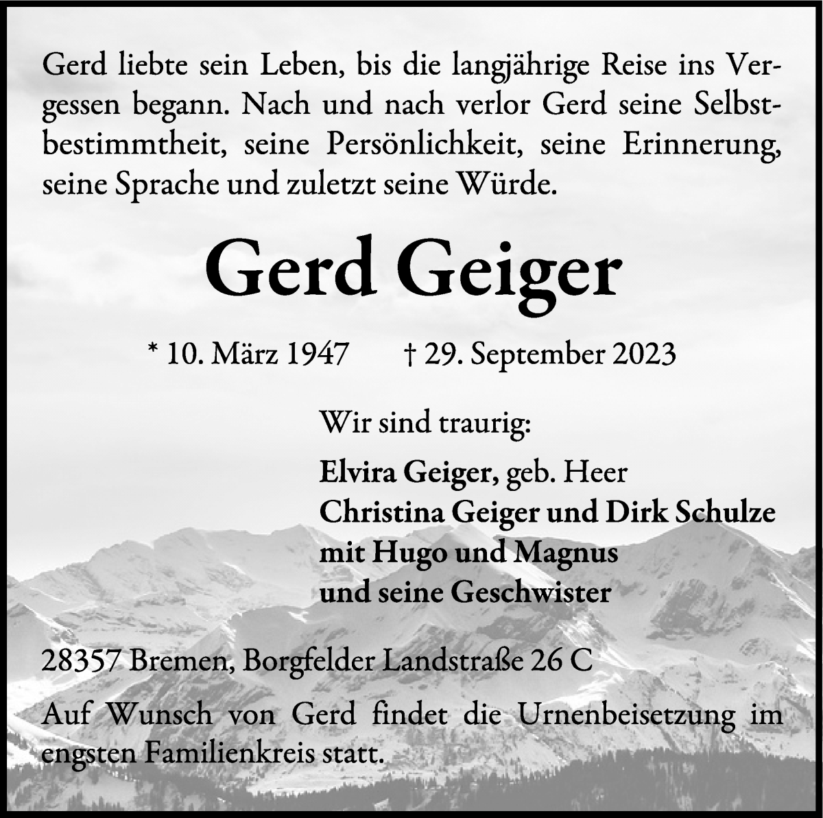 Traueranzeige von Gerd Geiger von WESER-KURIER
