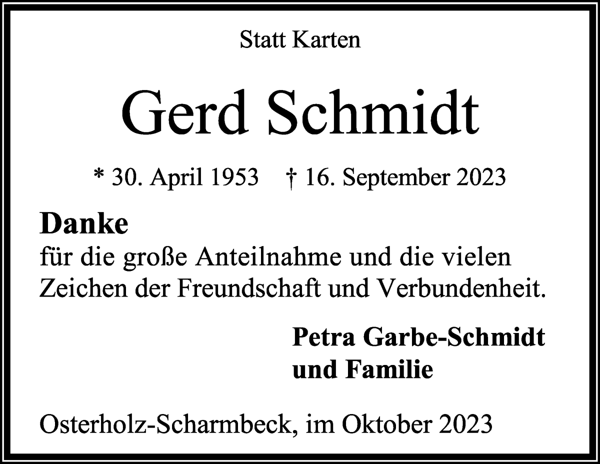 Traueranzeige von Gerd Schmidt von Osterholzer Kreisblatt