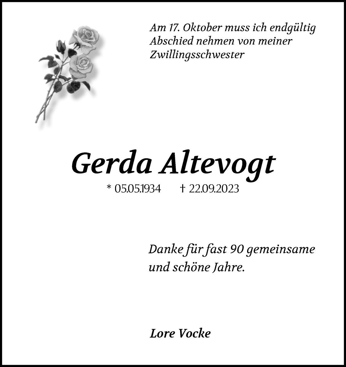 Traueranzeige von Gerda Altevogt von WESER-KURIER