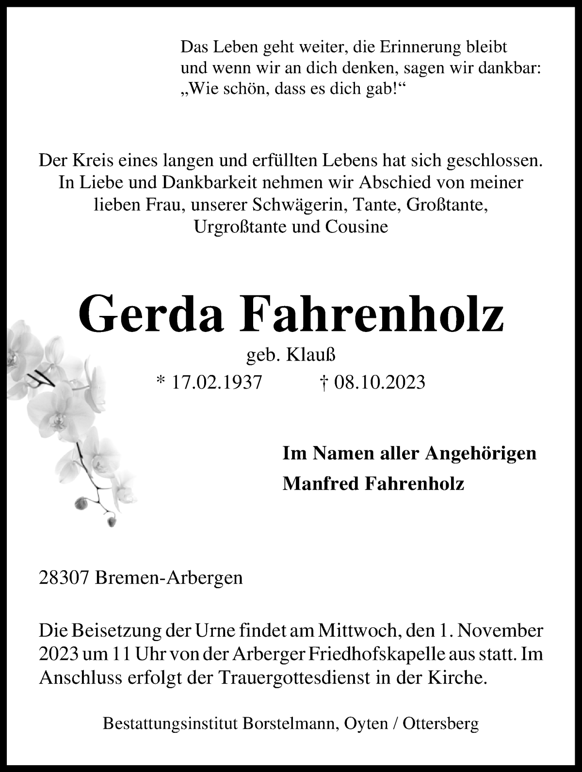 Traueranzeige von Gerda Fahrenholz von WESER-KURIER