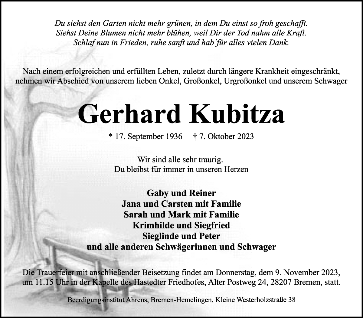 Traueranzeige von Gerhard Kubitza von WESER-KURIER