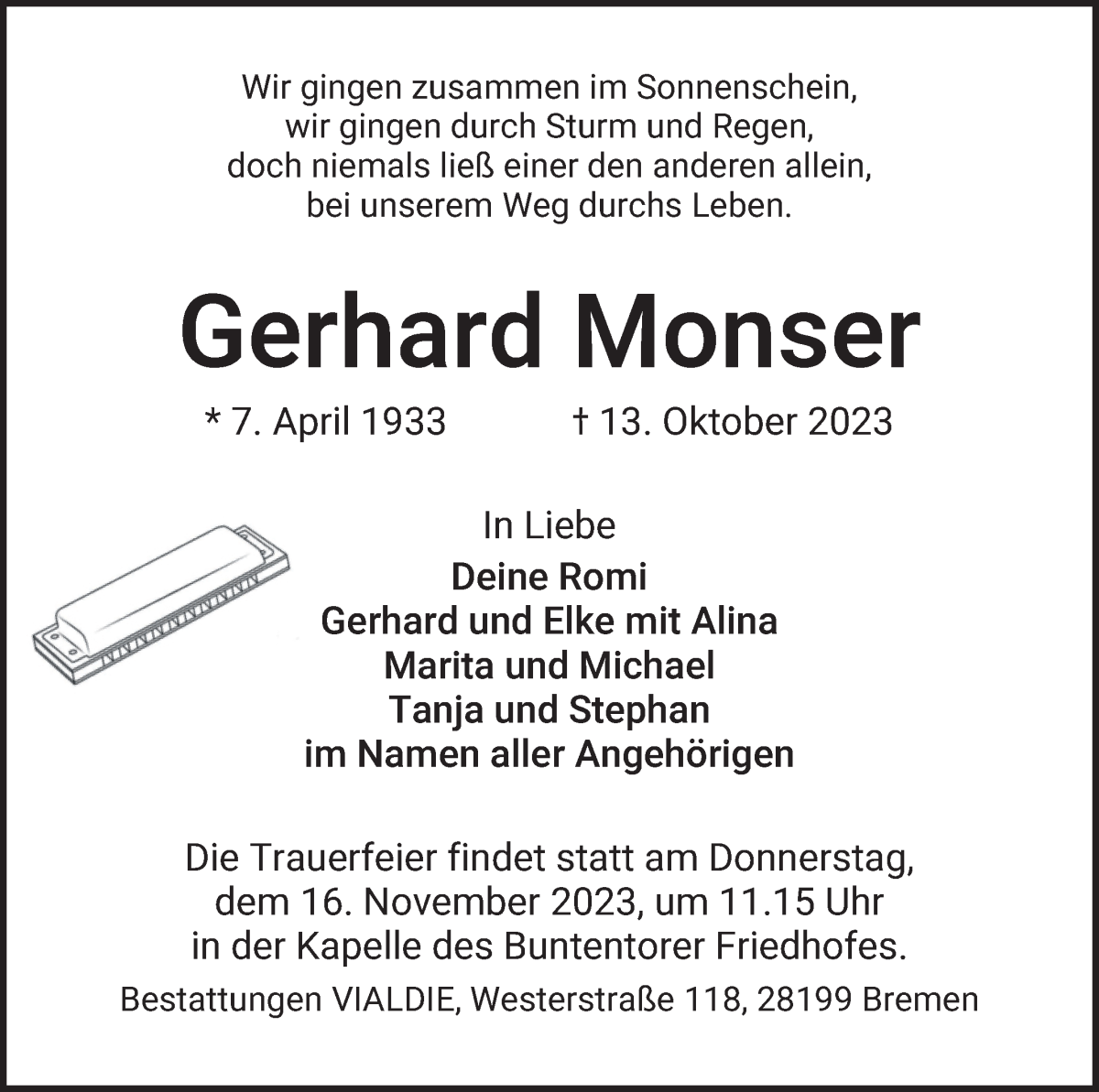 Traueranzeige von Gerhard Monser von WESER-KURIER