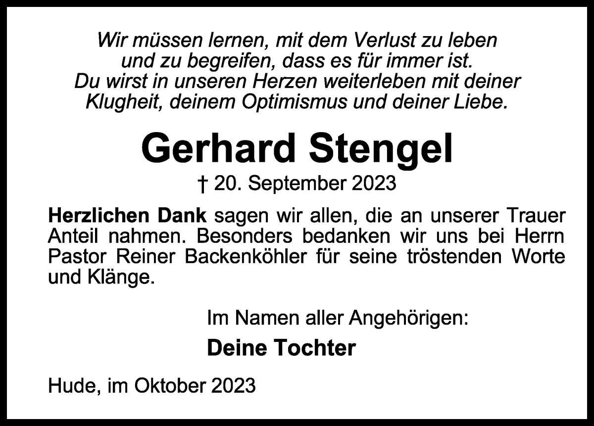 Traueranzeige von Gerhard Stengel von WESER-KURIER