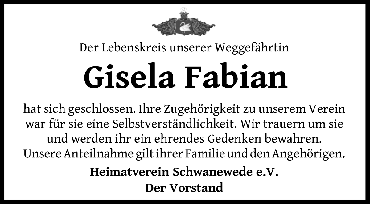 Traueranzeige von Gisela Fabian von Die Norddeutsche