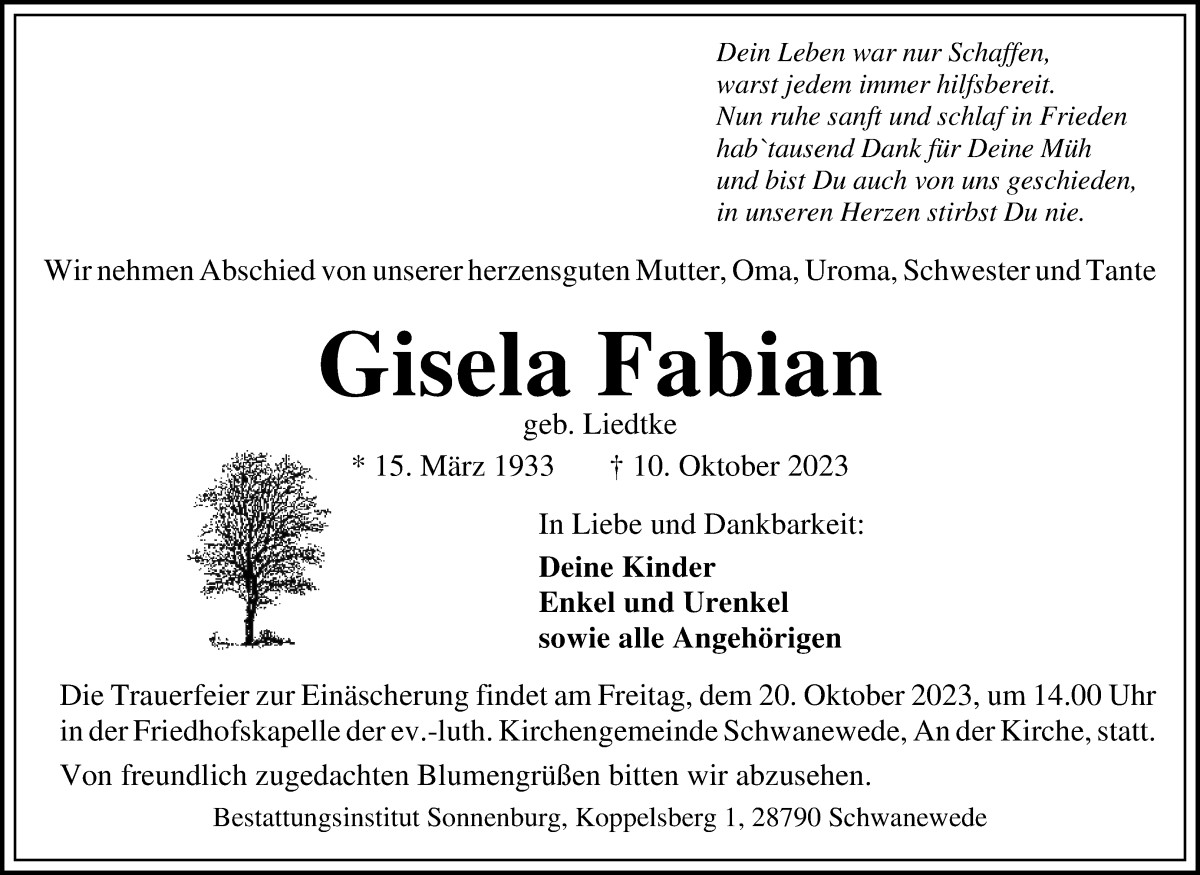 Traueranzeige von Gisela Fabian von Die Norddeutsche