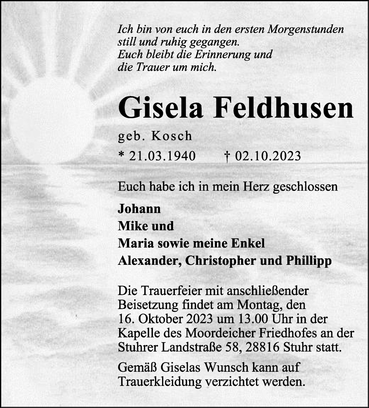 Traueranzeige von Gisela Feldhusen von WESER-KURIER