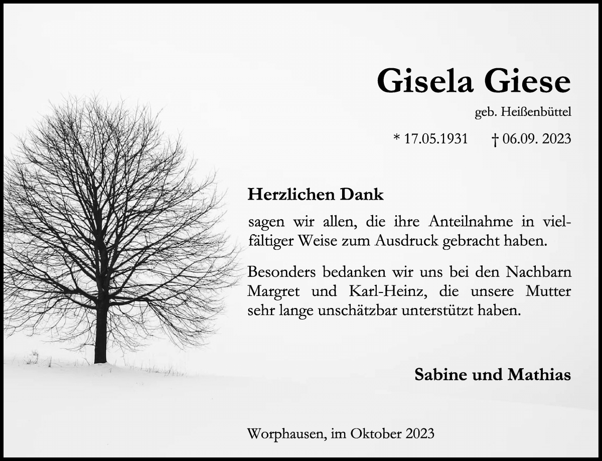 Traueranzeige von Gisela Giese von Wuemme Zeitung