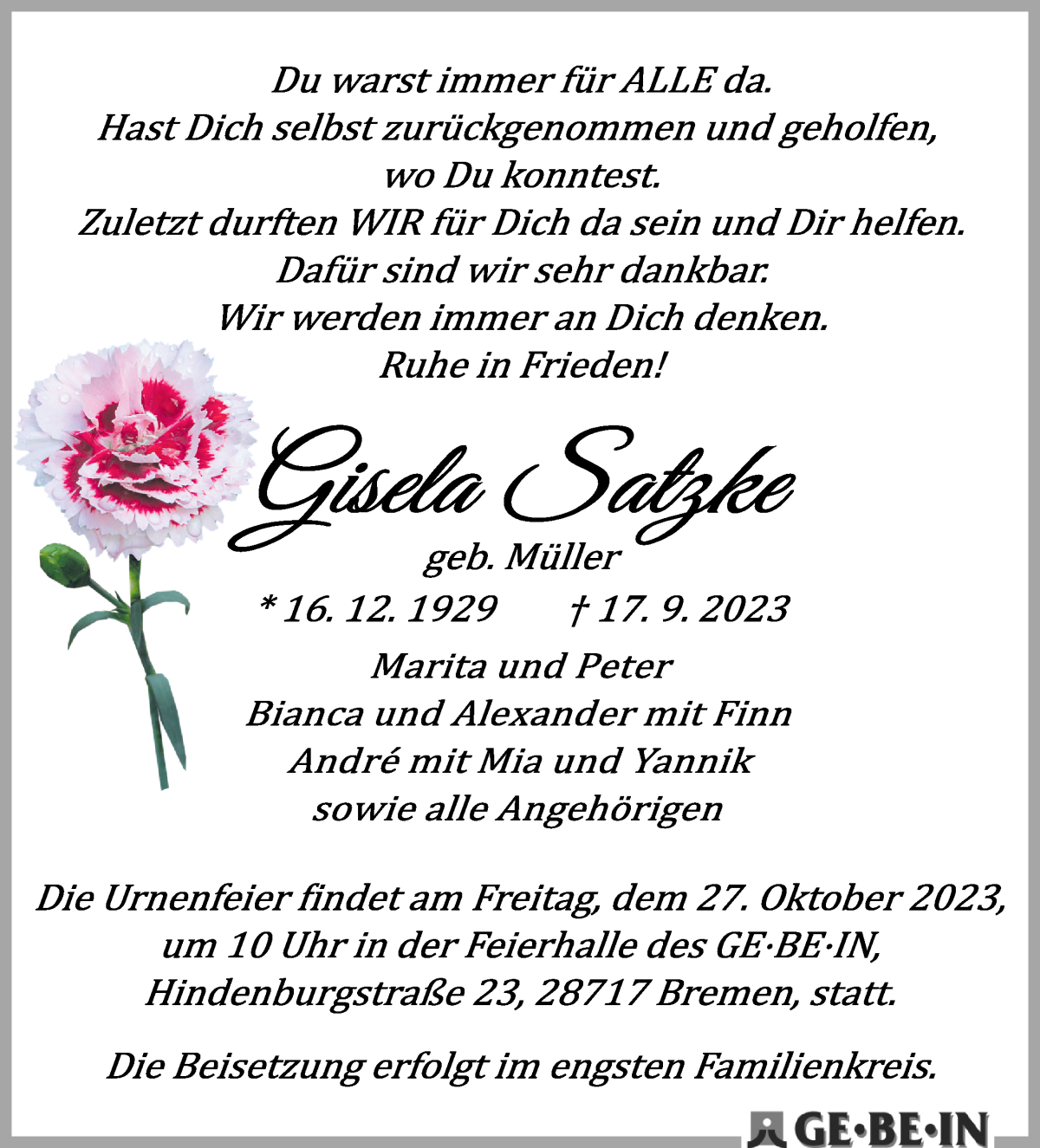 Traueranzeige von Gisela Satzke von Die Norddeutsche