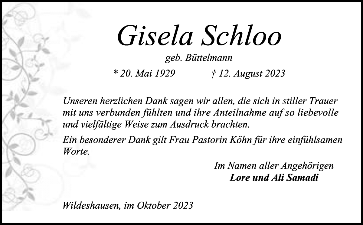 Traueranzeige von Gisela Schloo von Osterholzer Kreisblatt
