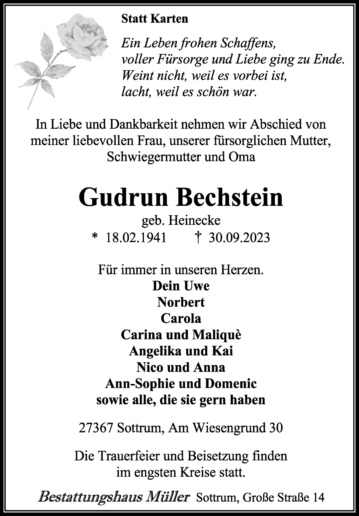 Traueranzeige von Gudrun Bechstein von WESER-KURIER