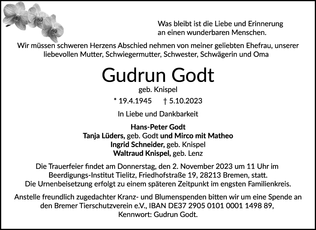 Traueranzeige von Gudrun Godt von WESER-KURIER