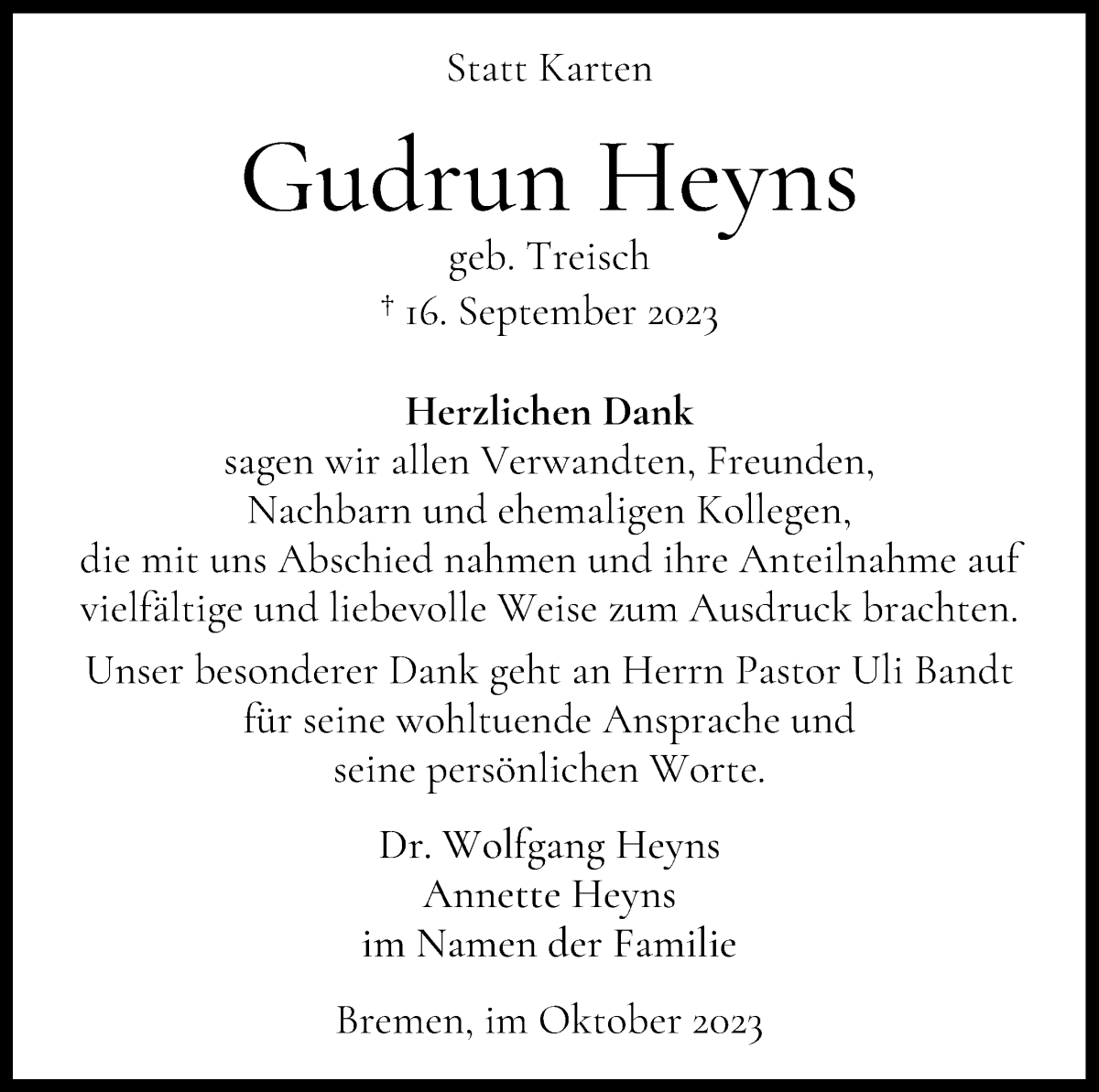 Traueranzeige von Gudrun Heyns von WESER-KURIER