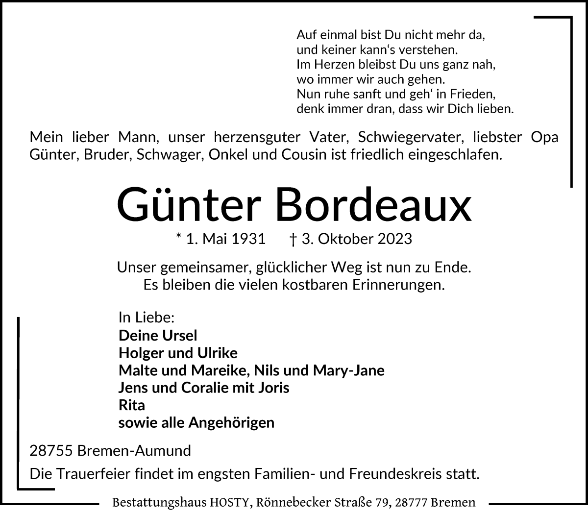 Traueranzeige von Günter Bordeaux von Die Norddeutsche