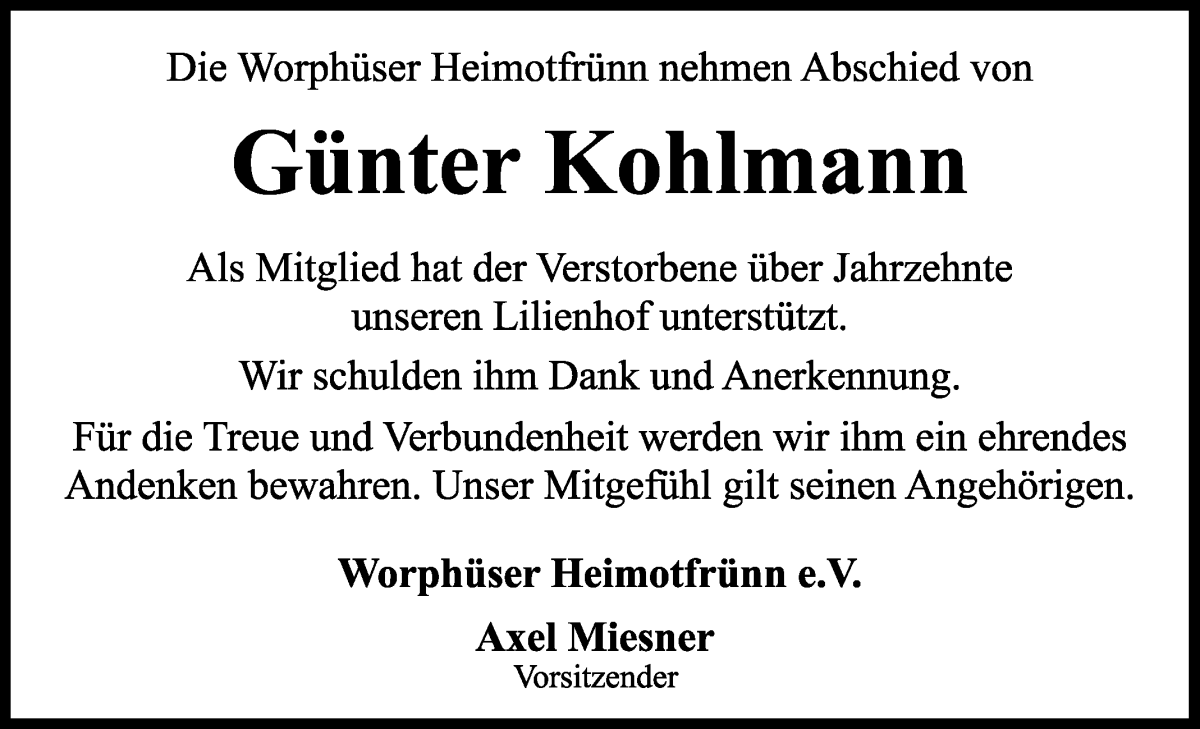 Traueranzeige von Günter Kohlmann von Wuemme Zeitung