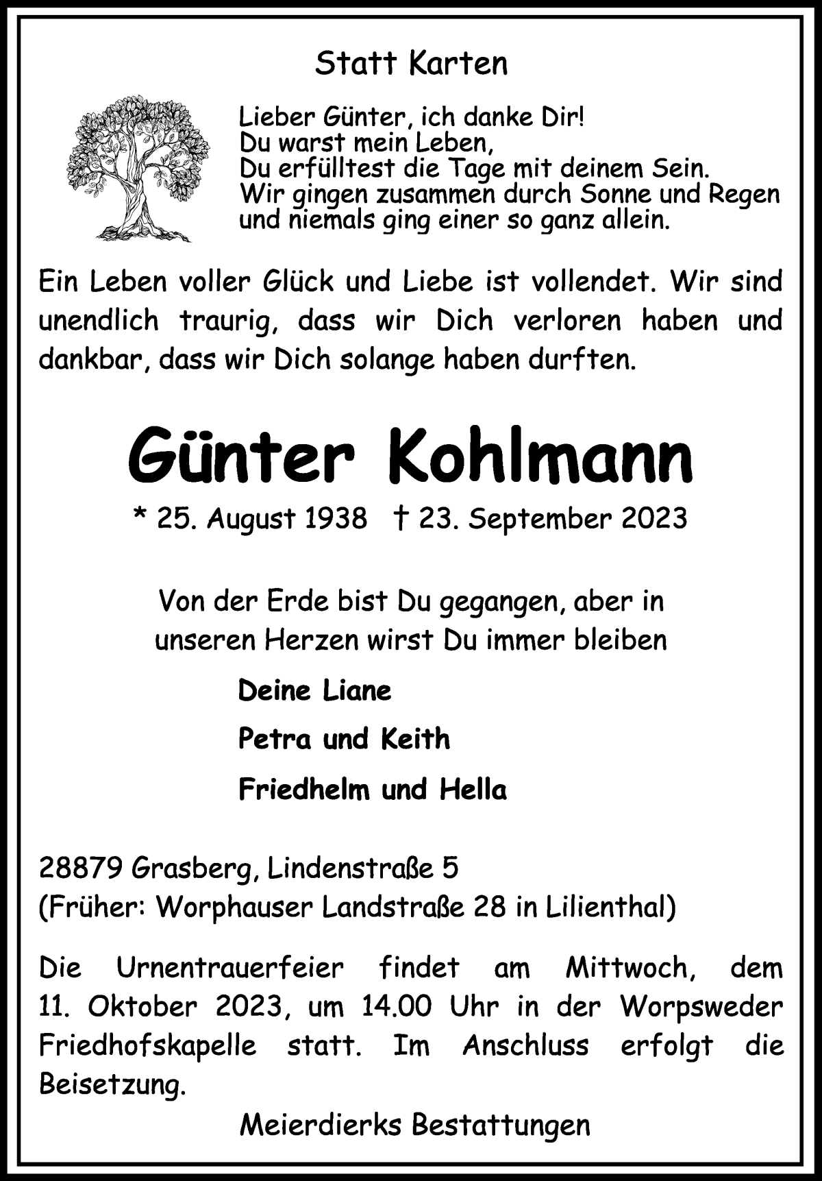 Traueranzeige von Günter Kohlmann von WESER-KURIER