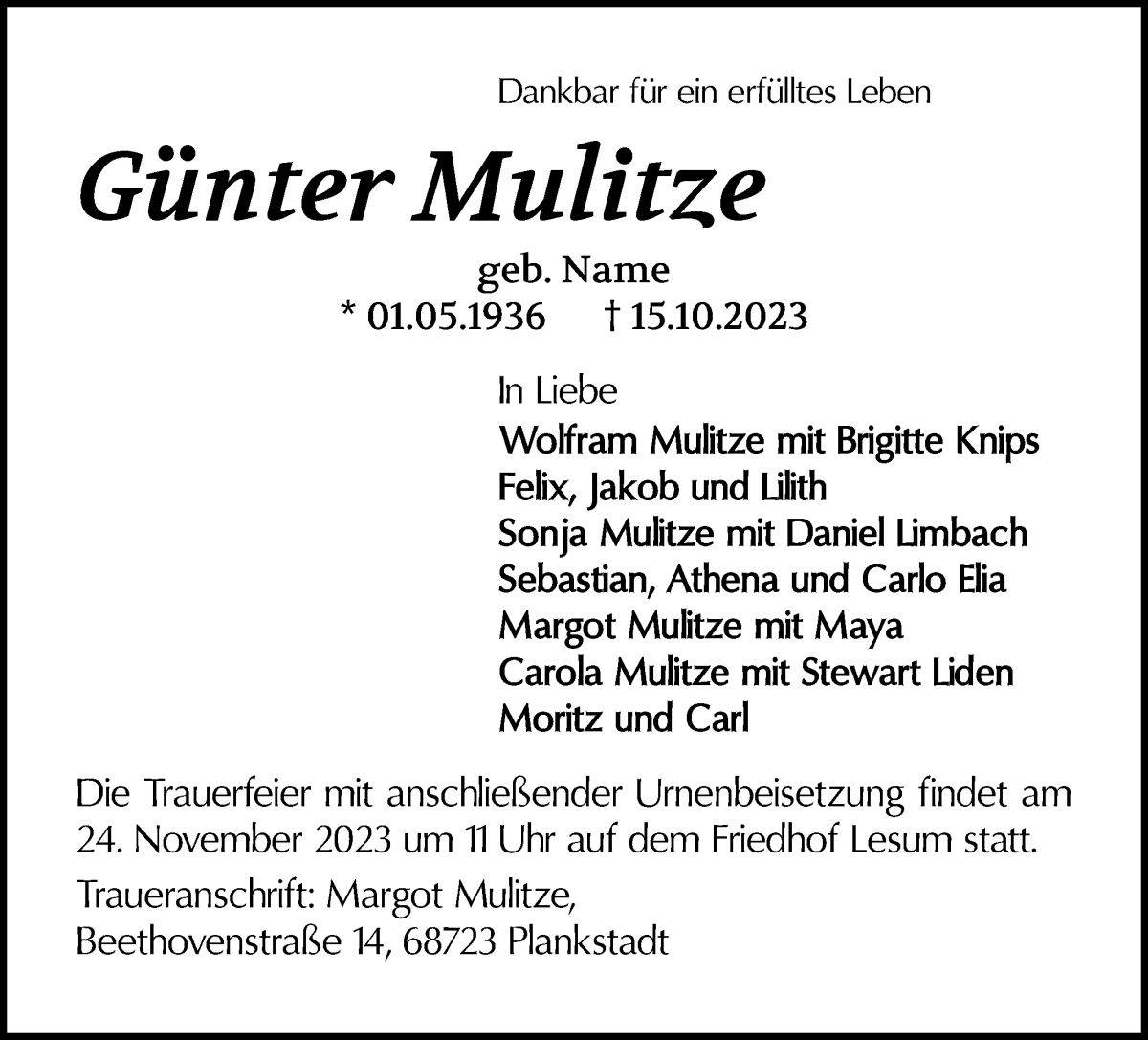 Traueranzeige von Günter Mulitze von WESER-KURIER