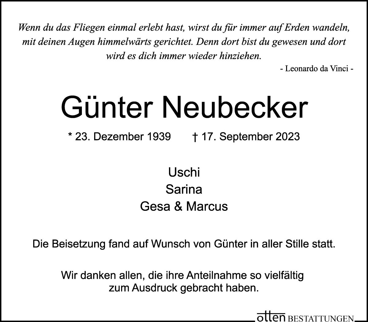 Traueranzeige von Günter Neubecker von Osterholzer Kreisblatt
