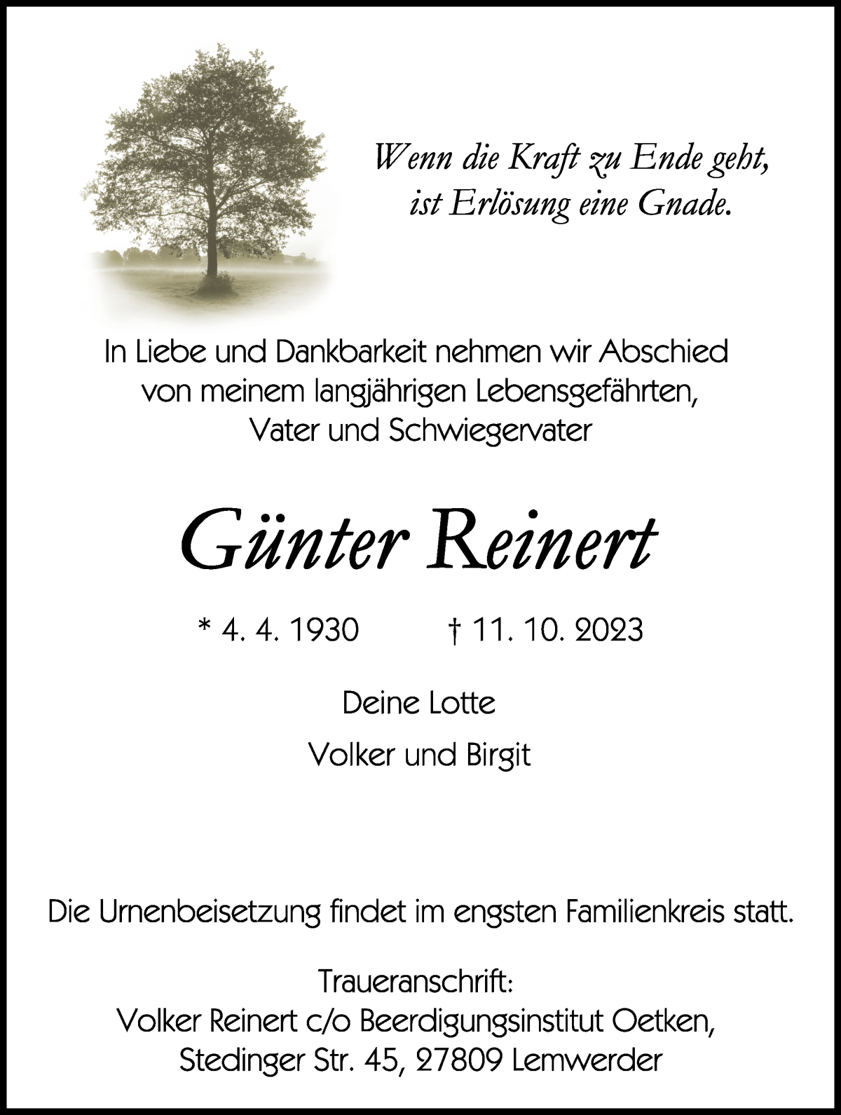 Traueranzeige von Günter Reinert von Die Norddeutsche