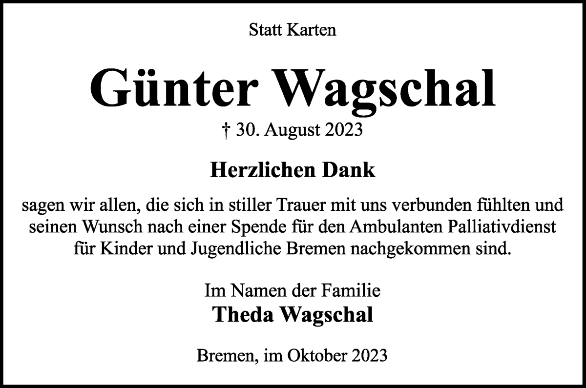 Traueranzeige von Günter Wagschal von WESER-KURIER