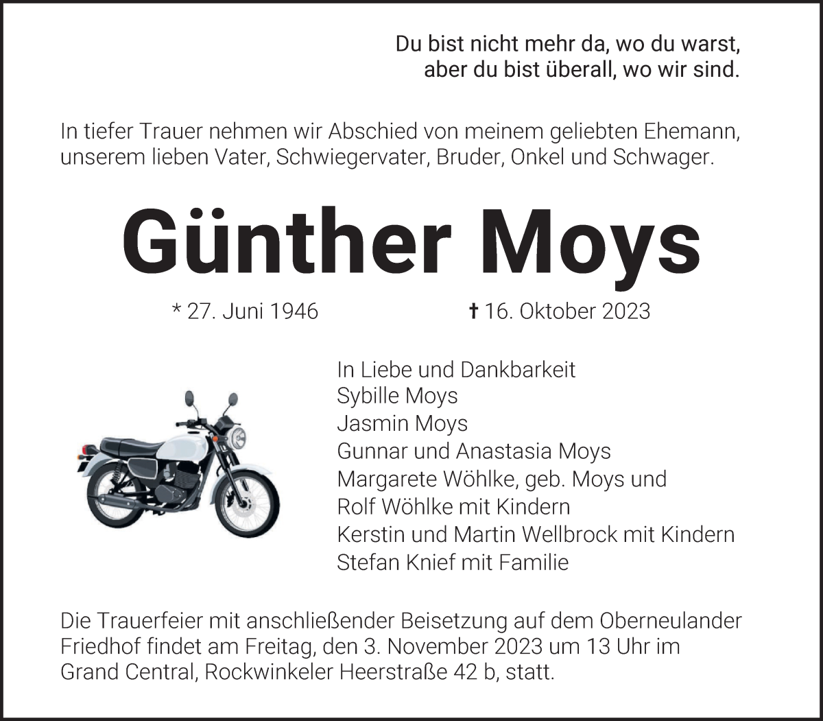 Traueranzeige von Günther Moys von WESER-KURIER