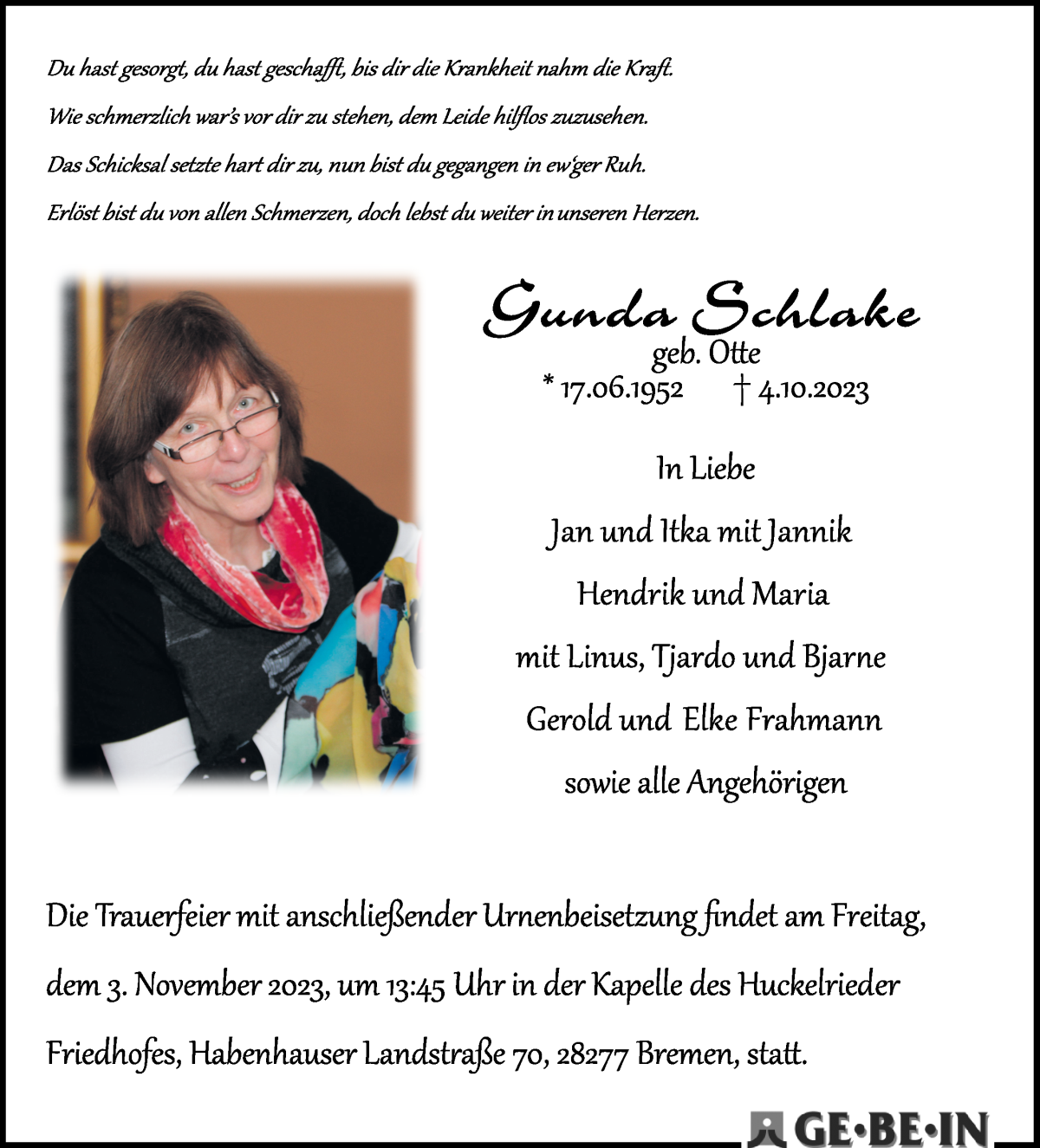 Traueranzeige von Gunda Schlake von WESER-KURIER