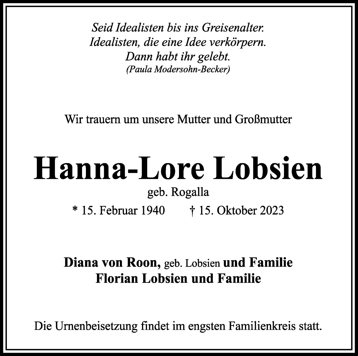 Traueranzeige von Hanna-Lore Lobsien von Achimer Kurier/Verdener Nachrichten
