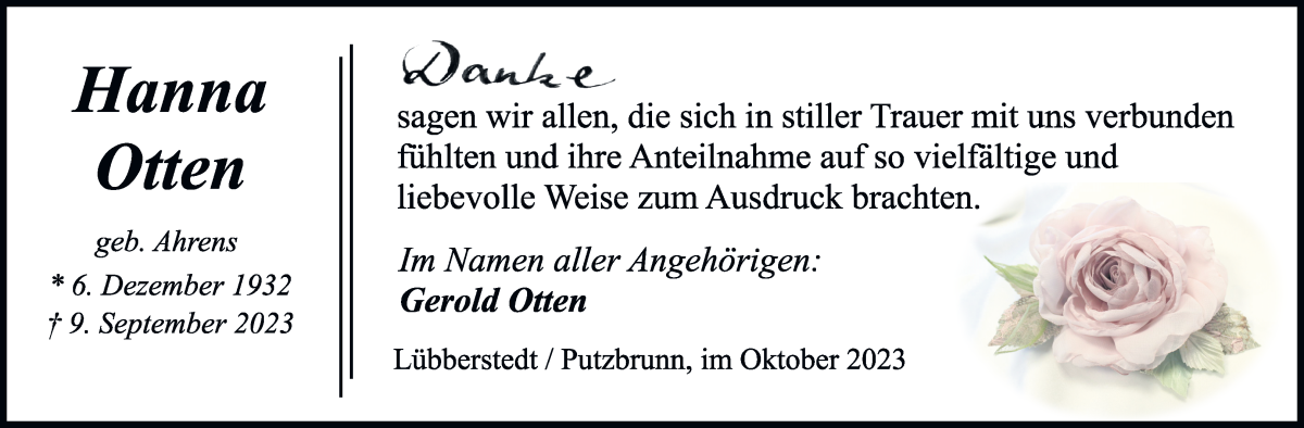 Traueranzeige von Hanna Otten von Osterholzer Kreisblatt