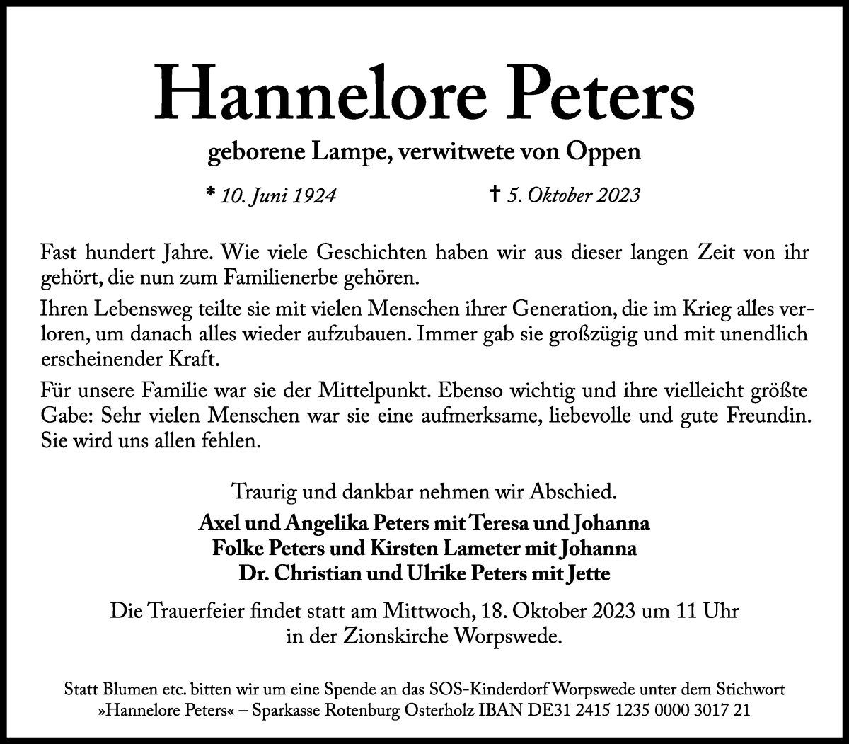Traueranzeige von Hannelore Peters von Wuemme Zeitung