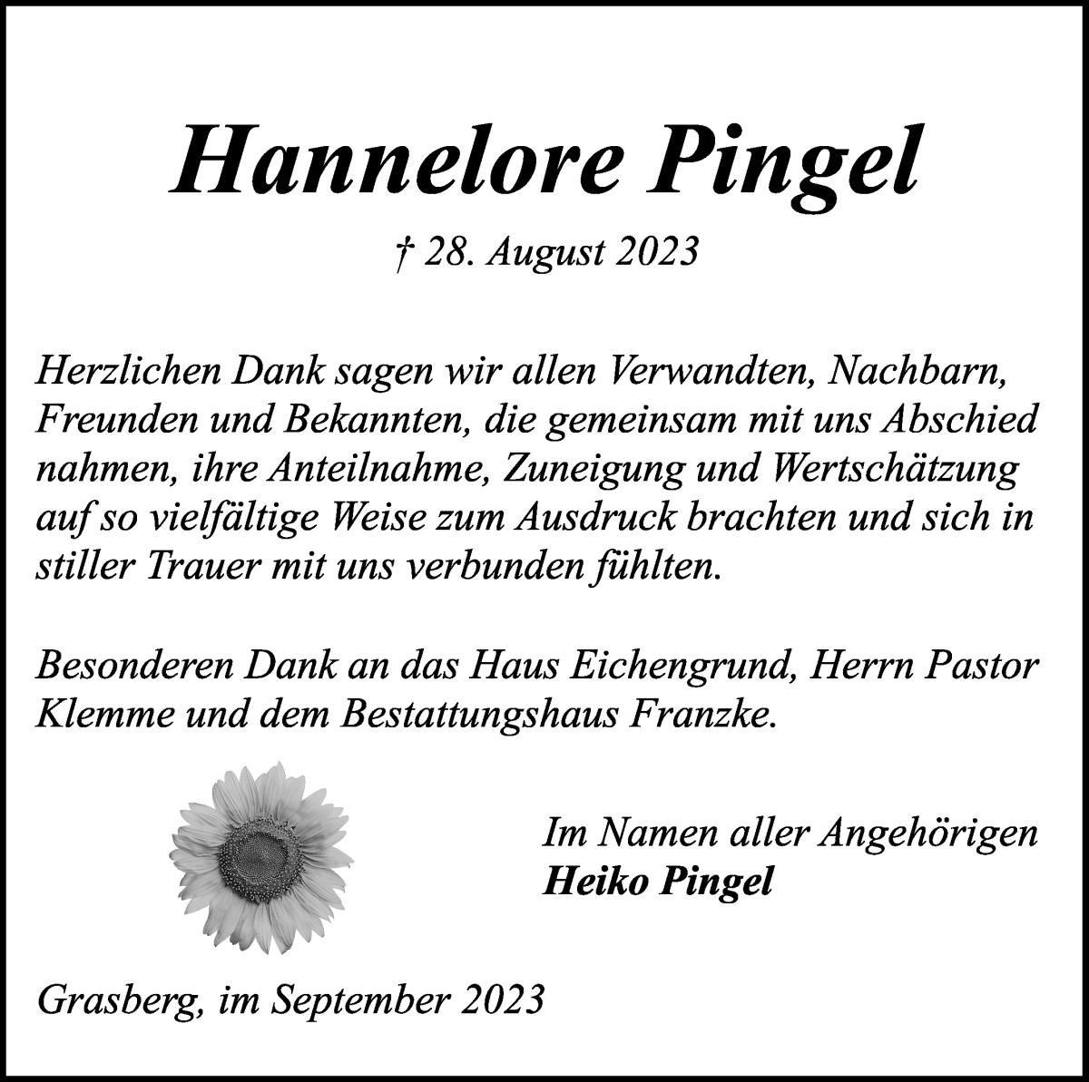 Traueranzeige von Hannelore Pingel von Wuemme Zeitung