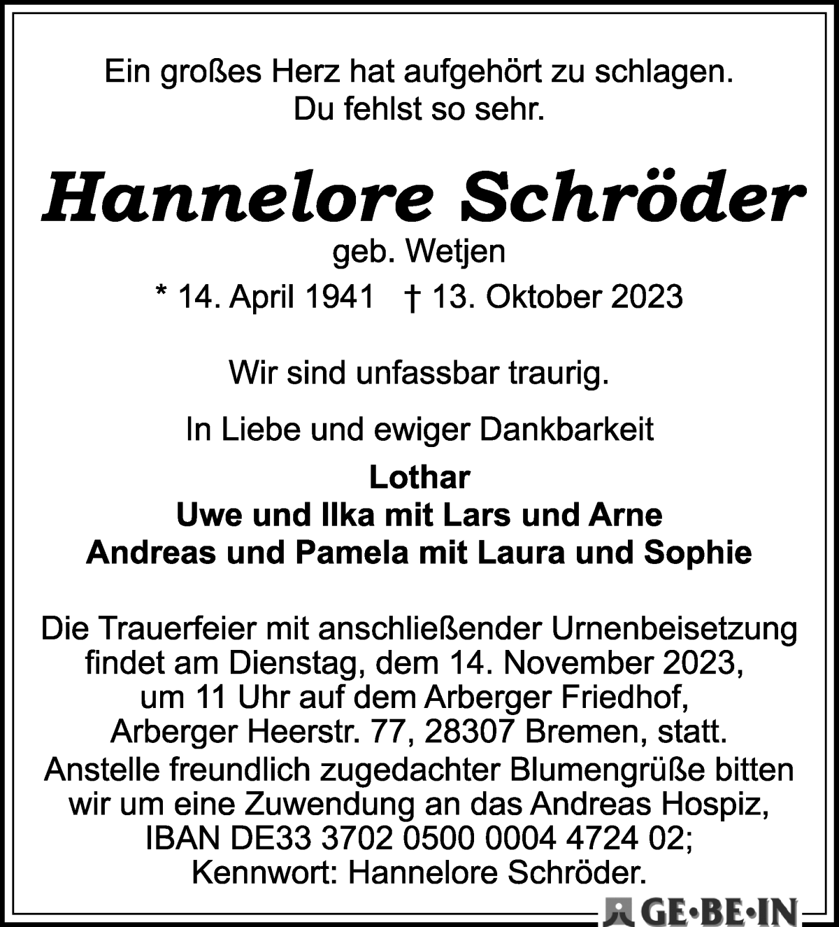 Traueranzeige von Hannelore Schröder von WESER-KURIER