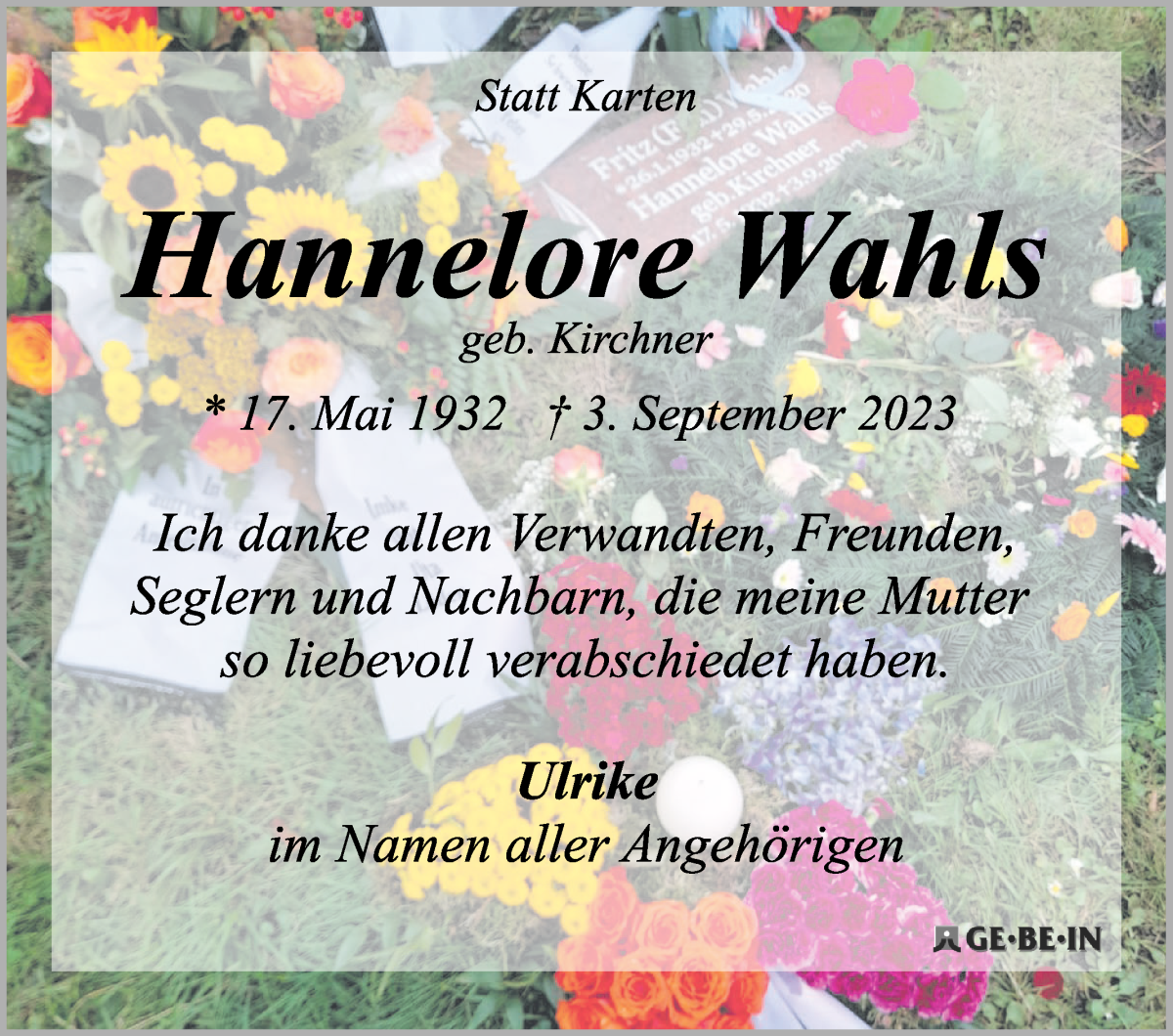 Traueranzeige von Hannelore Wahls von WESER-KURIER