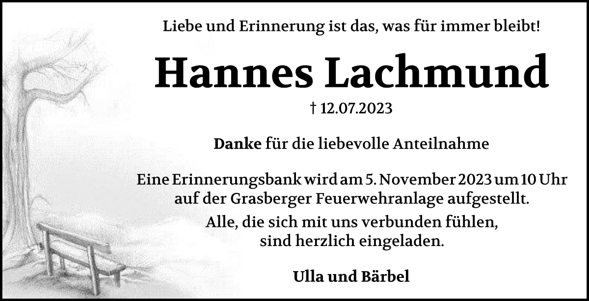 Traueranzeige von Hannes Lachmund von Wuemme Zeitung