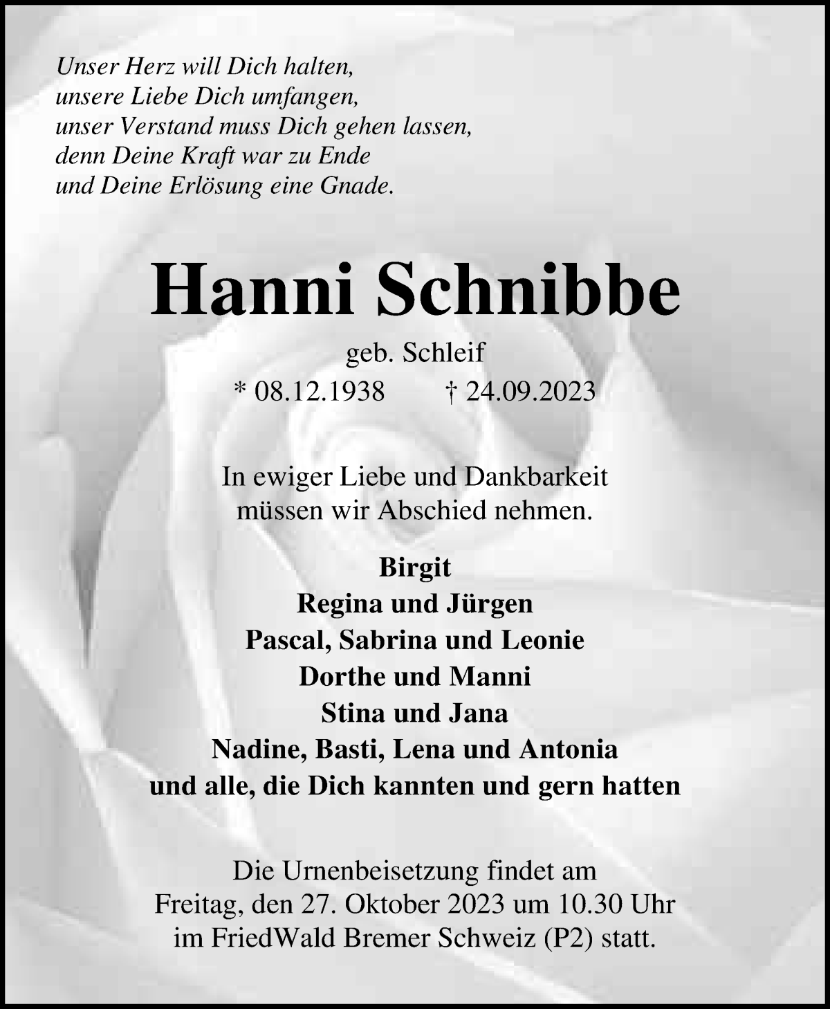 Traueranzeige von Hanni Schnibbe von Die Norddeutsche