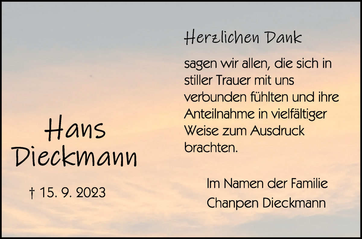Traueranzeige von Hans Dieckmann von Die Norddeutsche