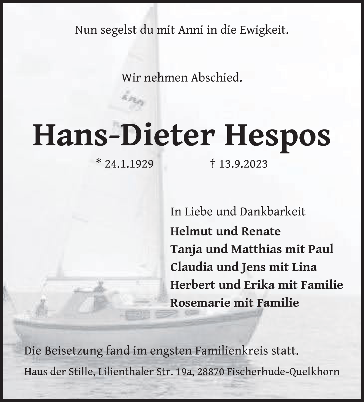 Traueranzeige von Hans-Dieter Hespos von WESER-KURIER